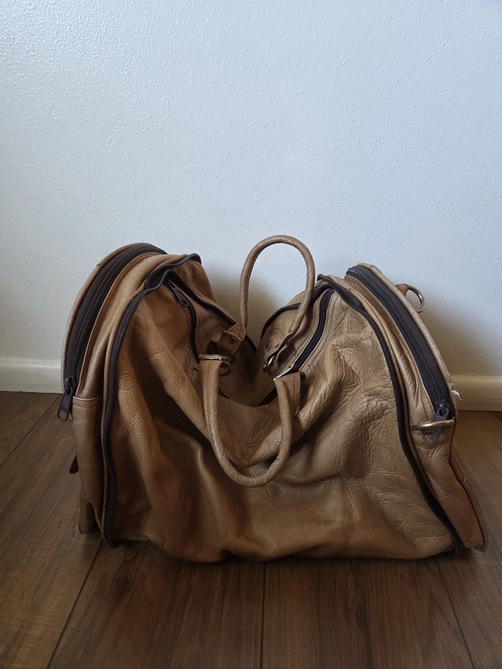 Convertable Tan Leather Travel Duffle Crossbody Bag